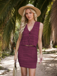 Openwork V-Neck Top and Skirt Knit Cover Up Set