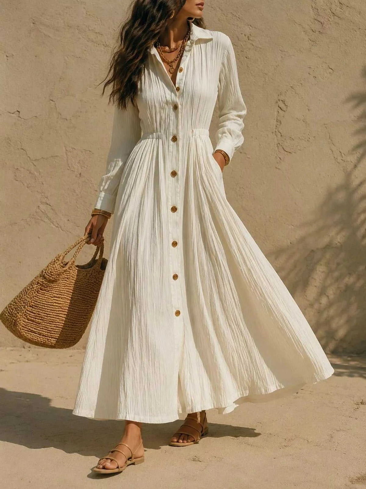 Full Size Textured Button Front Long Sleeve Maxi Dress Plus Size 100100300066352 41 Affordable Fashion Under $100 Jerry's Apparel 