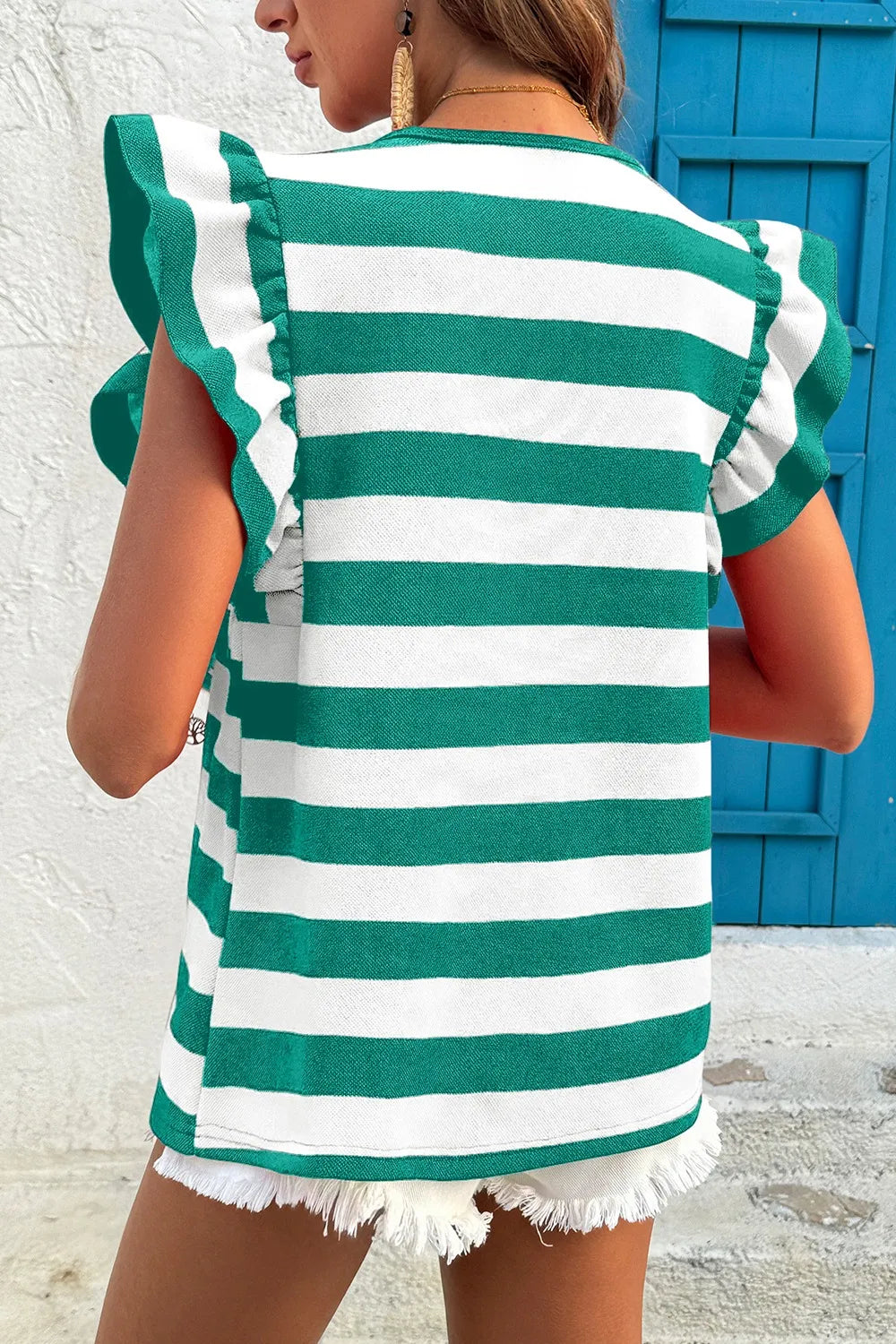 Ruffle Sleeve Striped T-Shirt