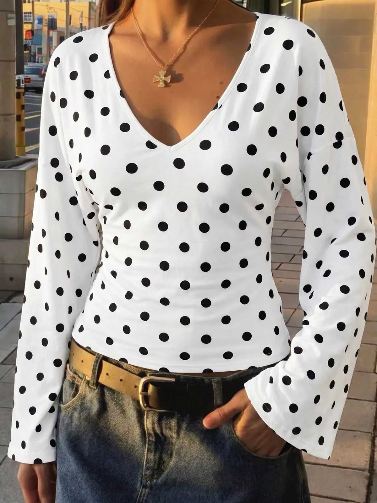 Polka Dot V-Neck Long Sleeve T-Shirt 100100468074592 29 Jerry's Apparel 