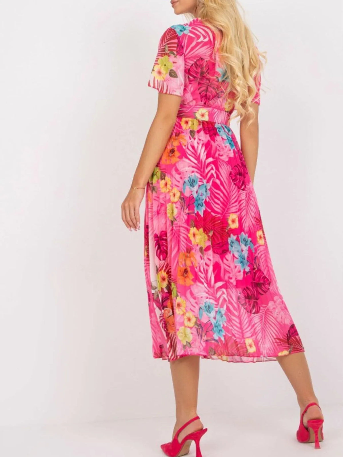 Printed Pleated Midi Wrap Dress with Belt