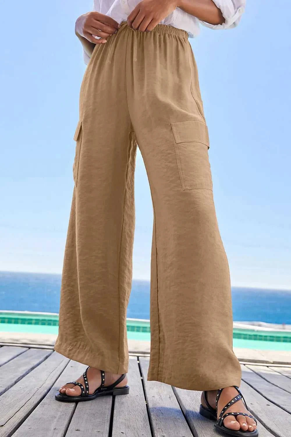 Drawstring Frilled Waist Wide Leg Utility Trousers 100100664290960 36 Jerry's Apparel 