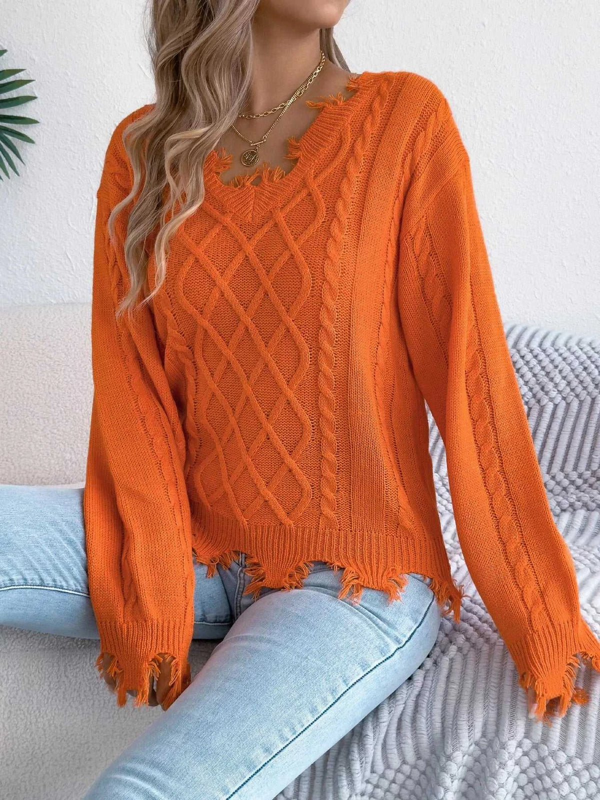 V-Neck Distressed Hem Cable Knit Sweater 101002745879602 36 Affordable Fashion Under $100 Jerry's Apparel 