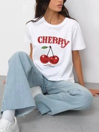 Plus Size Cherry Graphic Round Neck Short Sleeve T-Shirt
