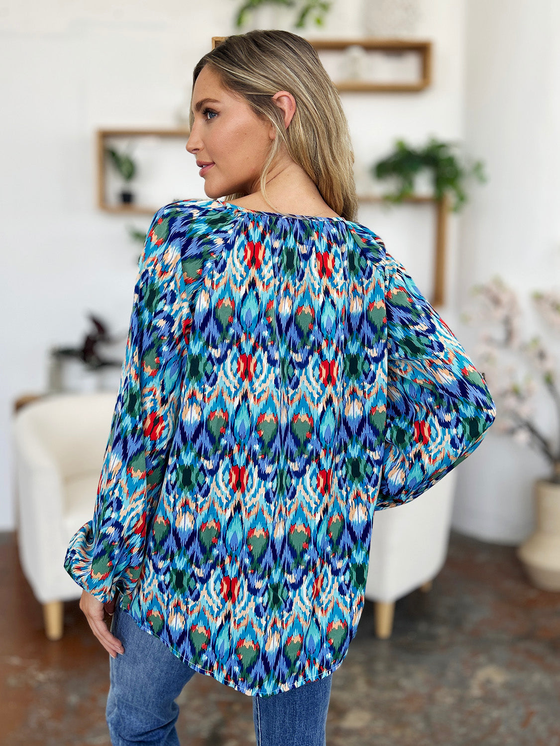 Full Size Printed Balloon Sleeve Blouse