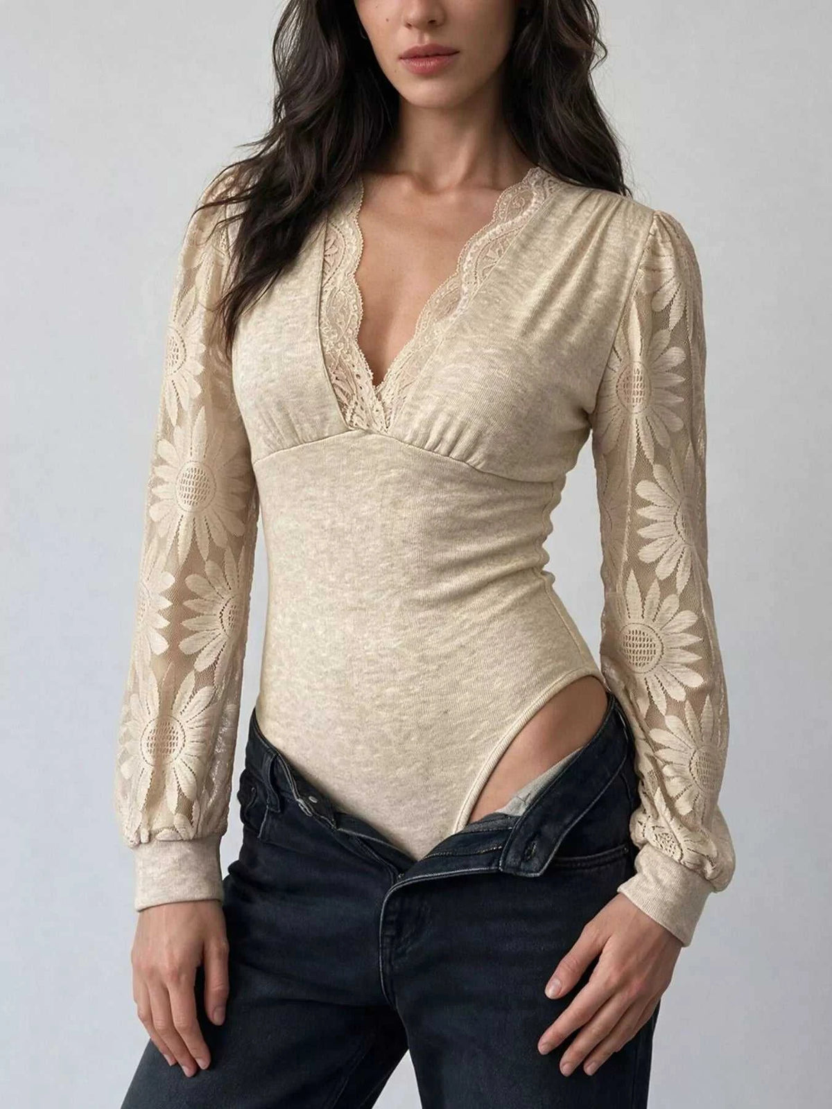 V-Neck Lace Trim Floral Mesh Sleeve Bodysuit 101001744297660 36 Affordable Fashion Under $100 Jerry's Apparel 