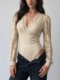 V-Neck Lace Trim Floral Mesh Sleeve Bodysuit 101001744297660 36 Affordable Fashion Under $100 Jerry's Apparel 