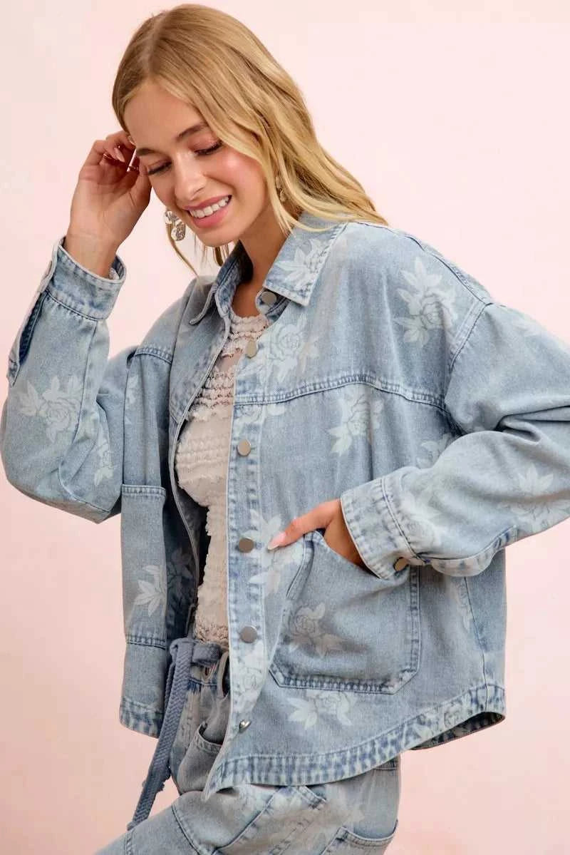 BiBi Printed Washed Denim Jacket With Pocket 100100427641338 64 Affordable Fashion Under $100 Jerry's Apparel 