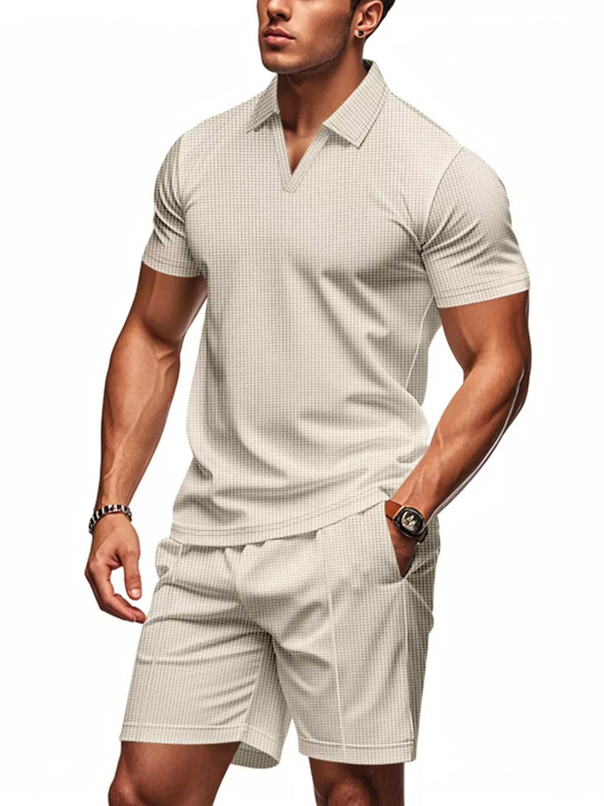 Men's Full Size Textured Short Sleeve Polo and Shorts Set Plus Size 100400402114307 34 Affordable Fashion Under $100 Jerry's Apparel 