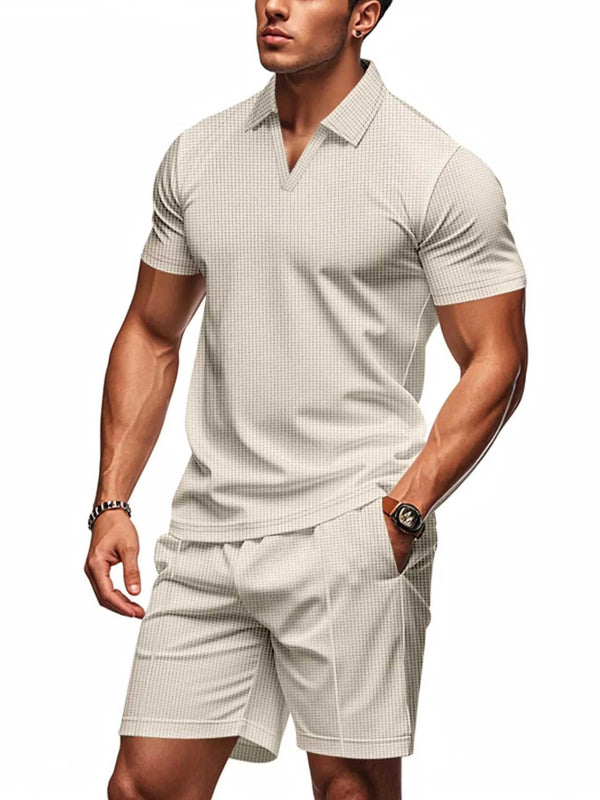 Men's Full Size Textured Short Sleeve Polo and Shorts Set Plus Size
