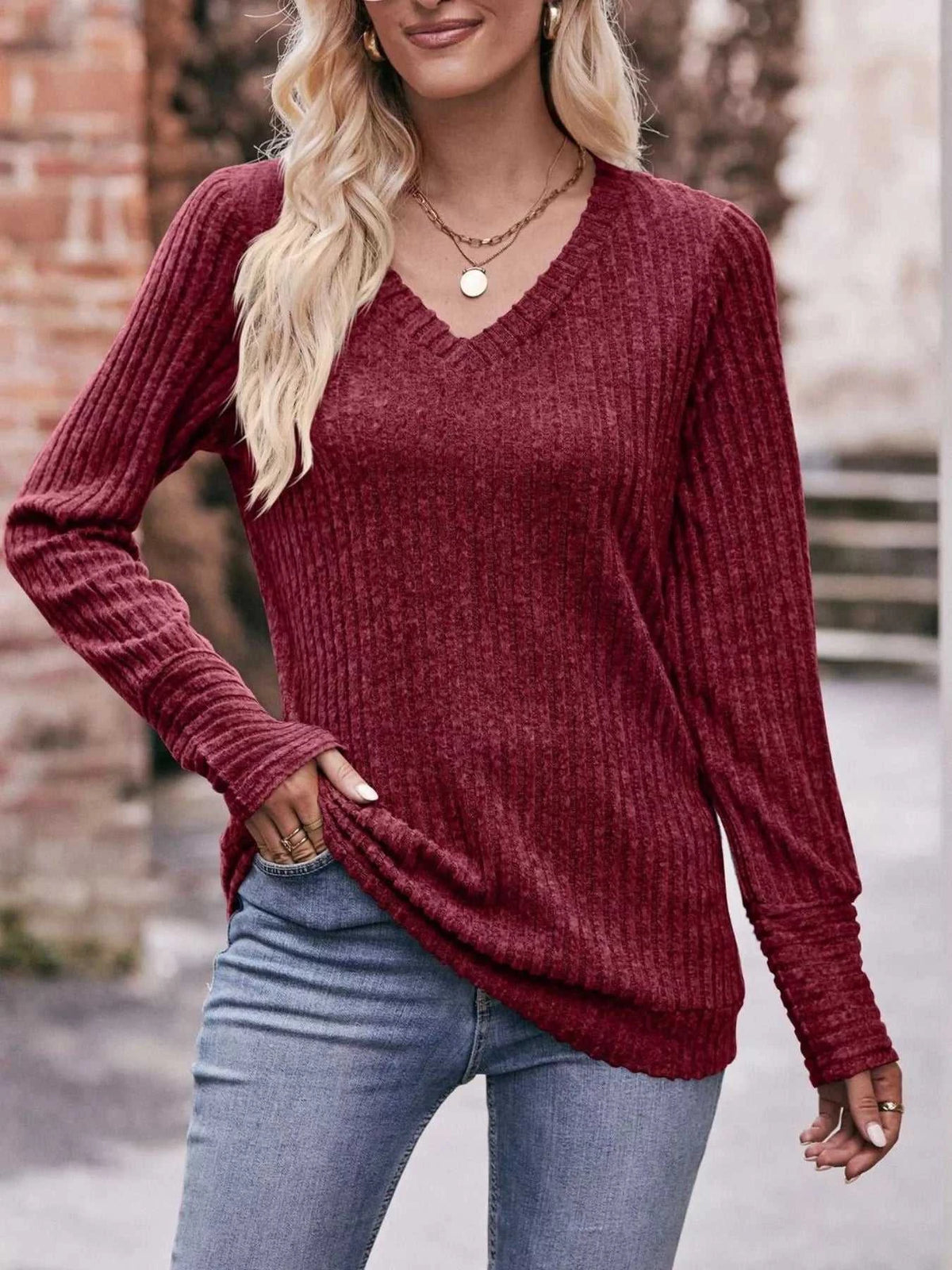V-Neck Ribbed Knit Long Sleeve T-Shirt 100100748461046 28 Affordable Fashion Under $100 Jerry's Apparel 