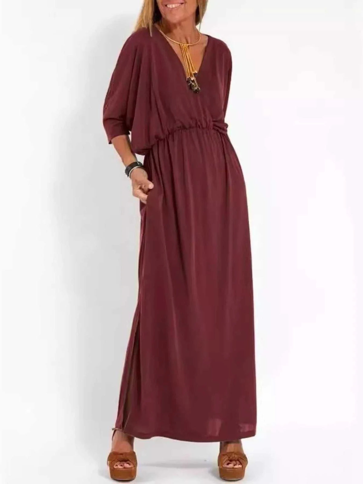 Full Size V-Neck Batwing Sleeve Maxi Dress with Side Slits Plus Size 100100963539918 27 Affordable Fashion Under $100 Jerry's Apparel 