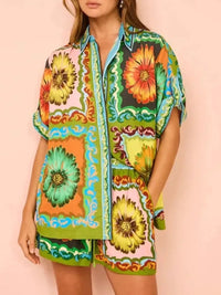 Printed Button Up Shirt and Shorts Set