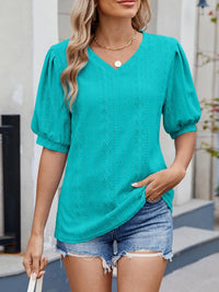 Puff Sleeve V-Neck Eyelet Lace T-Shirt