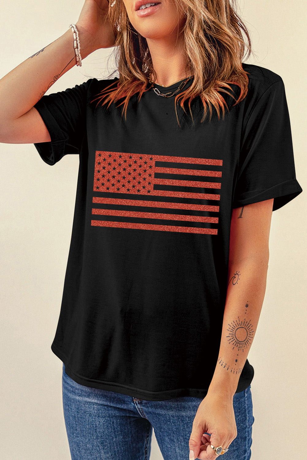 US Flag Round Neck Short Sleeve T-Shirt