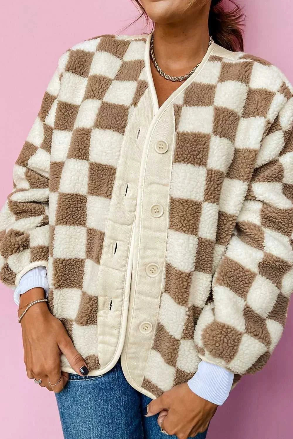 Checkered Sherpa Oversized Button Up Jacket 100100355171838 60 Affordable Fashion Under $100 Jerry's Apparel 