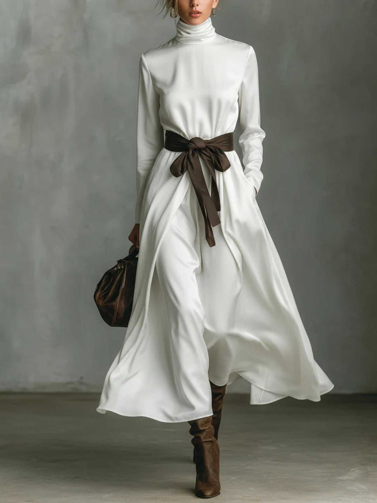 Turtleneck Tie Waist Midi Dress 100100601241017 60 Jerry's Apparel 