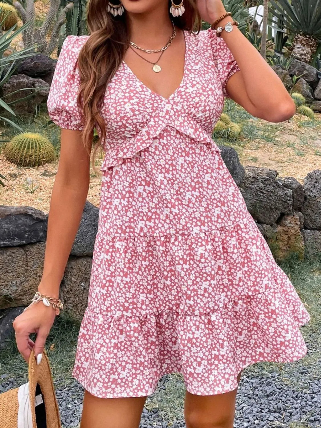 Floral Print Wrap Mini Dress with Puff Sleeves