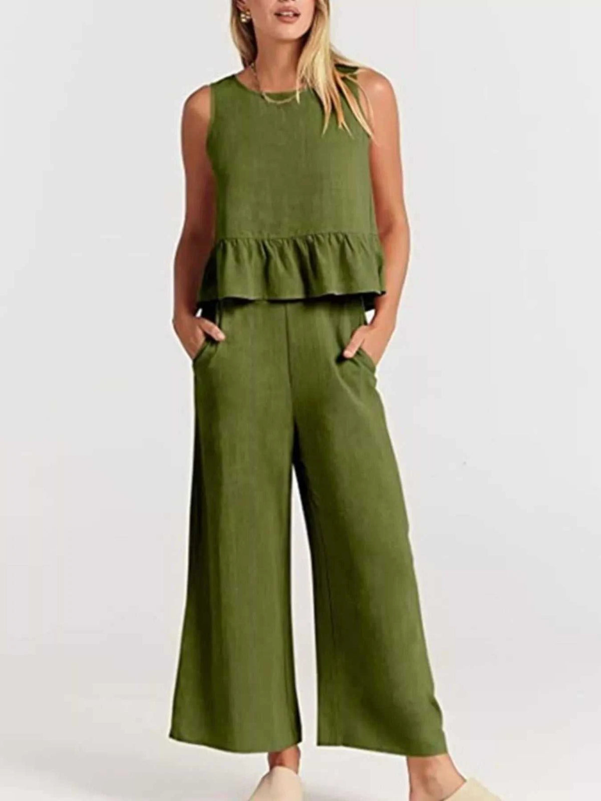 Full Size Ruffled Hem Sleeveless Top and Wide-Leg Pants Set Plus Size 100100048319818 31 Affordable Fashion Under $100 Jerry's Apparel 