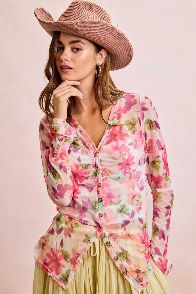 BiBi Floral Shrried Detail Button Up Mesh Cardigan Top 100100970651175 39 Gifts for Her Jerry's Apparel 