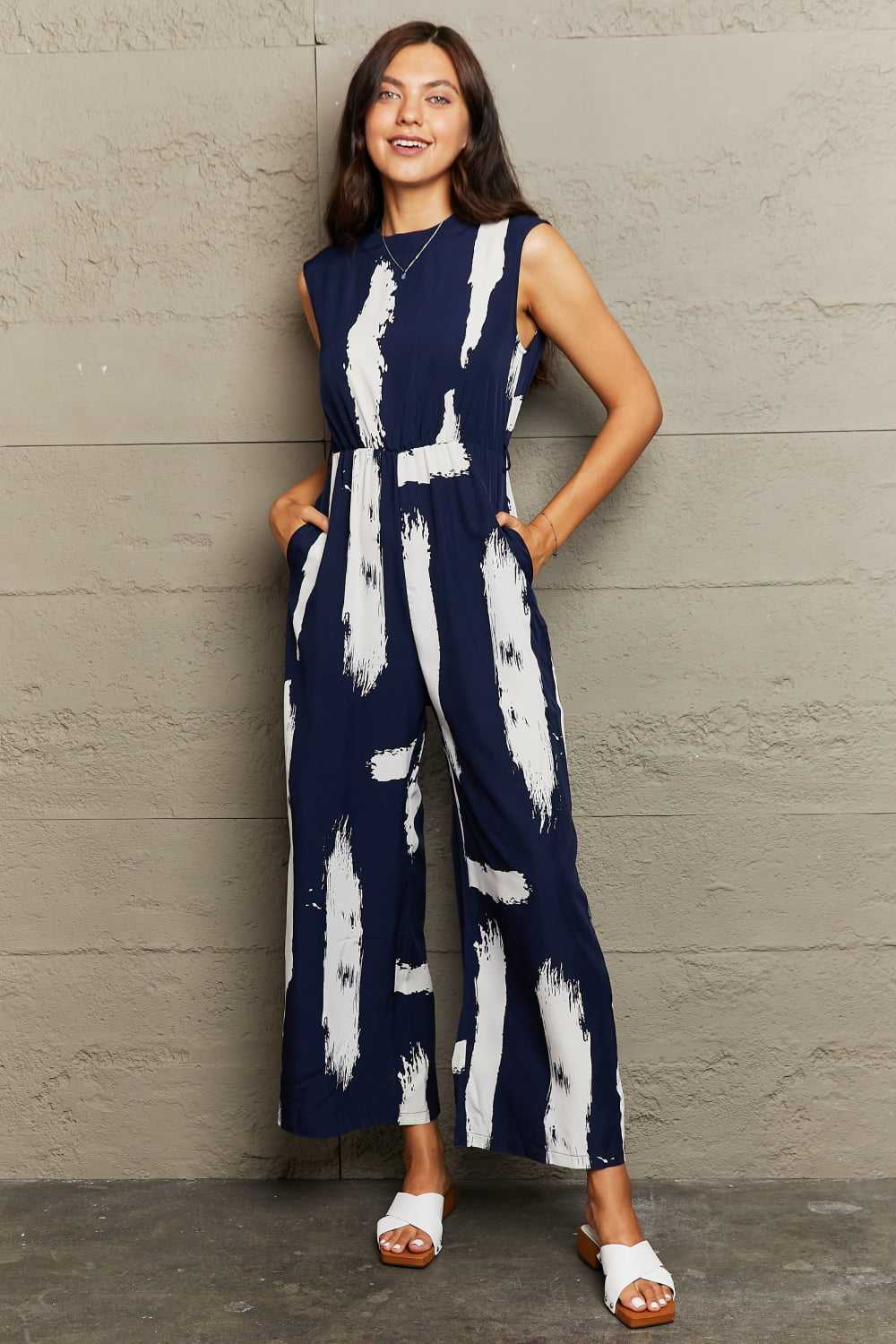 Perfee Printed Round Neck Cutout Jumpsuit with Pockets 100101645160596 34 Affordable Fashion Under $100 Jerry's Apparel 