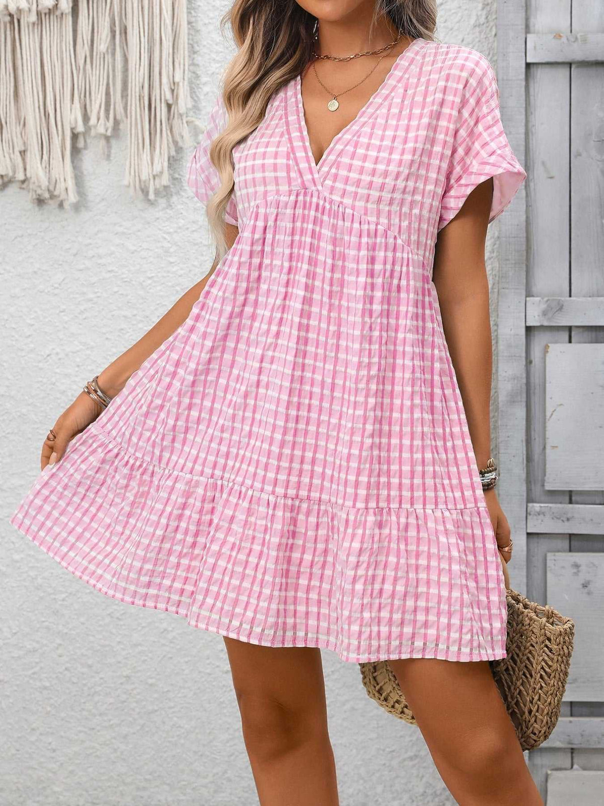 Plaid V-Neck Ruffle Hem Mini Dress 100100856082882 43 Affordable Fashion Under $100 Jerry's Apparel 