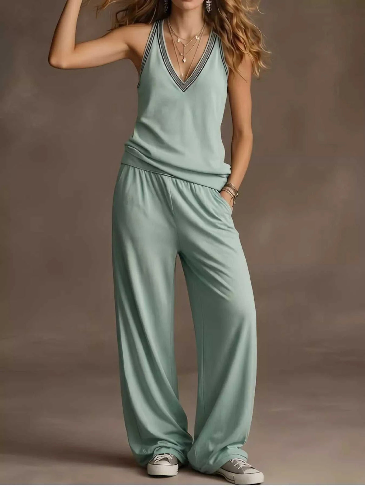 Full Size V-Neck Tank Top & Wide-Leg Pants Set Plus Size 100100522597486 45 Affordable Fashion Under $100 Jerry's Apparel 