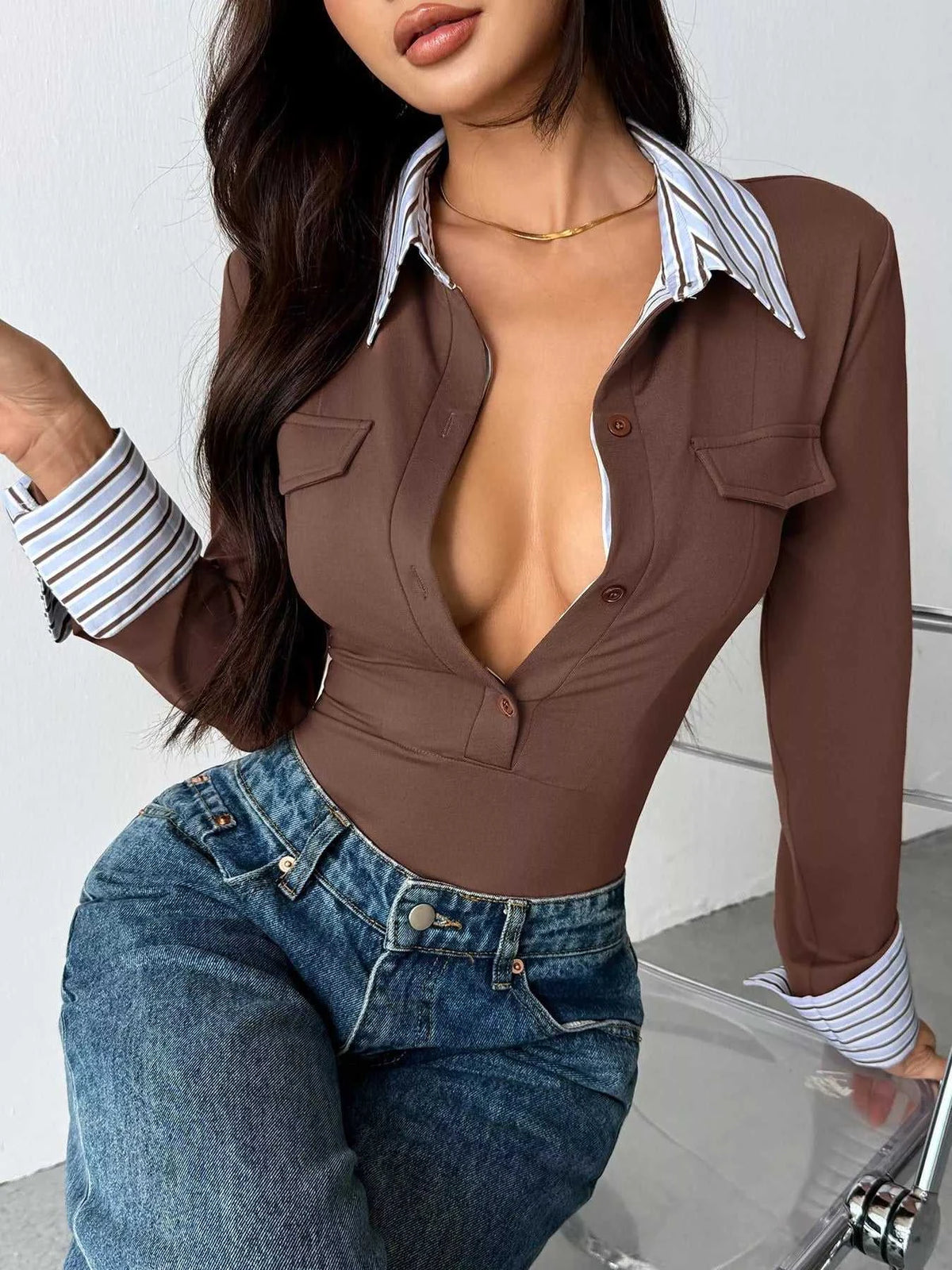 Long Sleeve Button Front Bodysuit 100100960909942 37 Affordable Fashion Under $100 Jerry's Apparel 