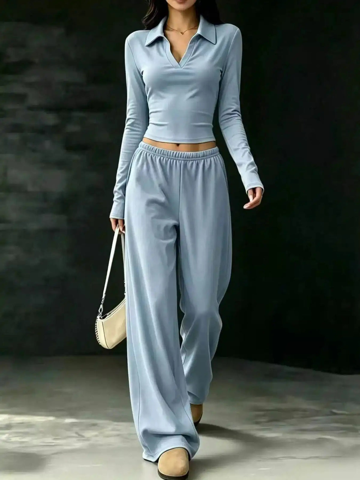 Long-Sleeve Polo Top and Wide-Leg Pants Set 101001218867188 53 Affordable Fashion Under $100 Jerry's Apparel 