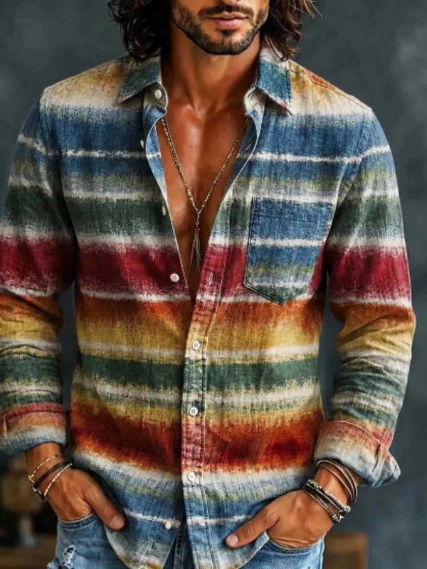 Men's Full Size Vintage Multi-Color Striped Long Sleeve Shirt Plus Size 104001667910705 28 Affordable Fashion Under $100 Jerry's Apparel 