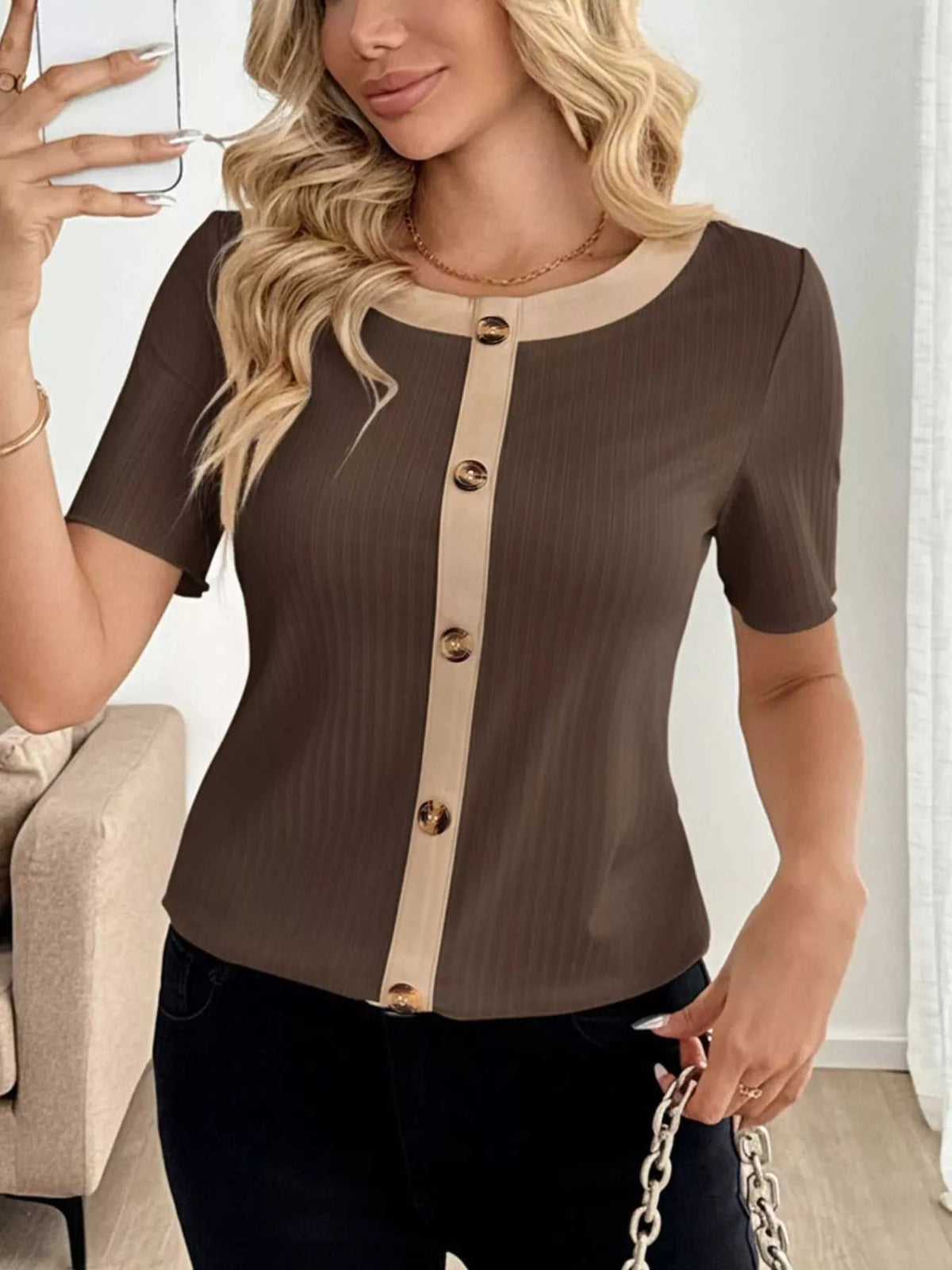 Decor Button Round Neck Short Sleeve Blouse 100100012421763 27 Affordable Fashion Under $100 Jerry's Apparel 