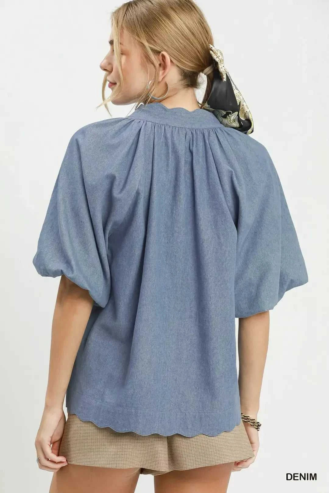 Umgee Chambray Scallop Hem Puff Sleeve Top 100100827681946 55 Affordable Fashion Under $100 Jerry's Apparel 