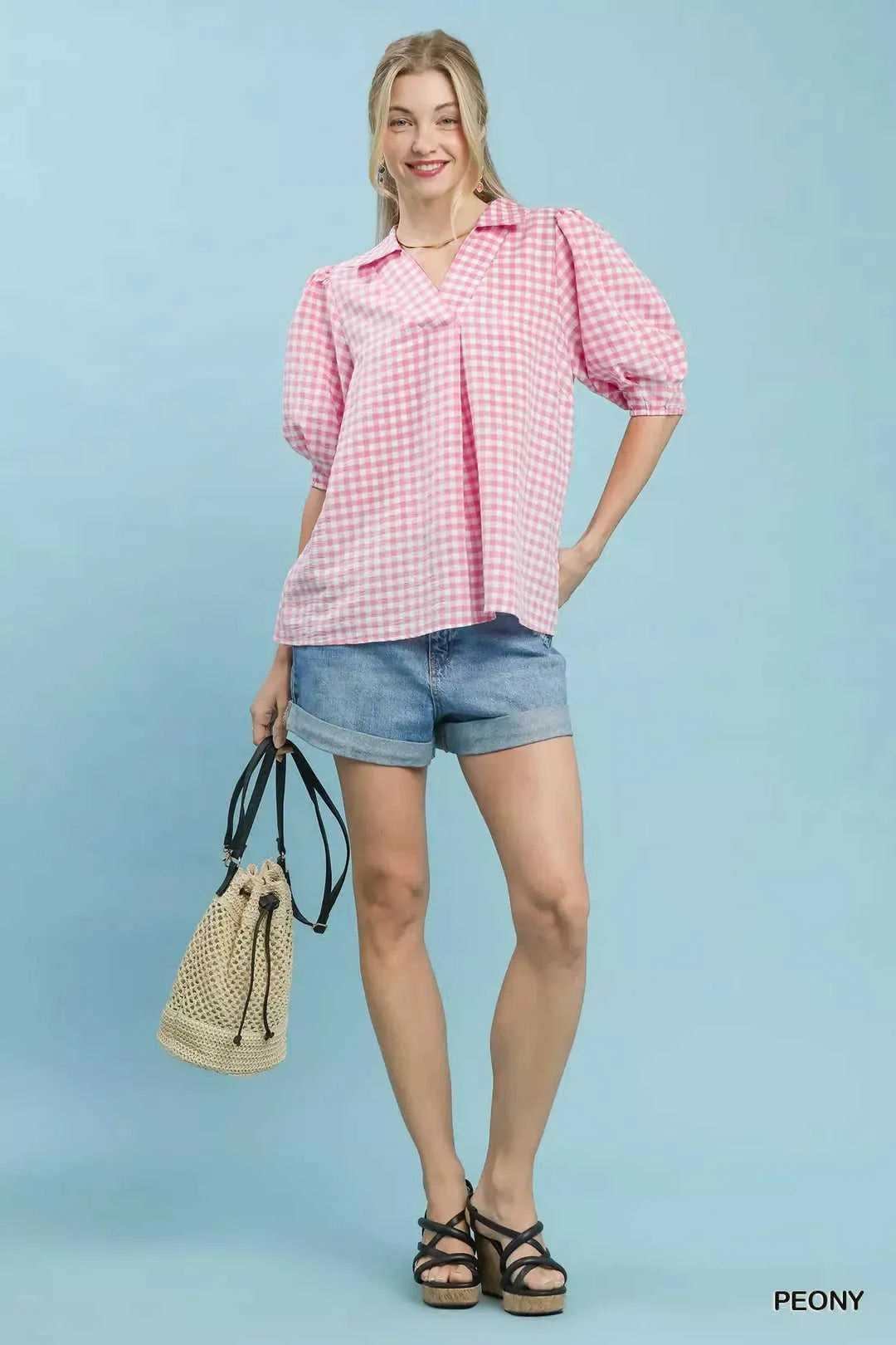 Umgee Gingham Puff Sleeve Collared Blouse 100100771141184 45 Affordable Fashion Under $100 Jerry's Apparel 