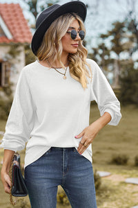 Eyelet Round Neck Long Sleeve T-Shirt