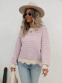 Angel Wings Striped Buttoned Round Neck Sweater