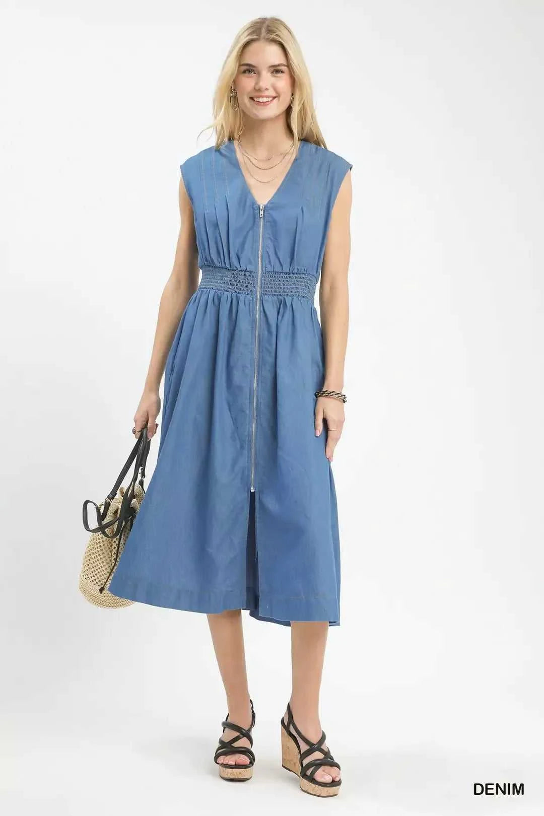 Umgee Denim Sleeveless Zip-Front Smocked Waist Midi Dress 100100842431197 62 Affordable Fashion Under $100 Jerry's Apparel 