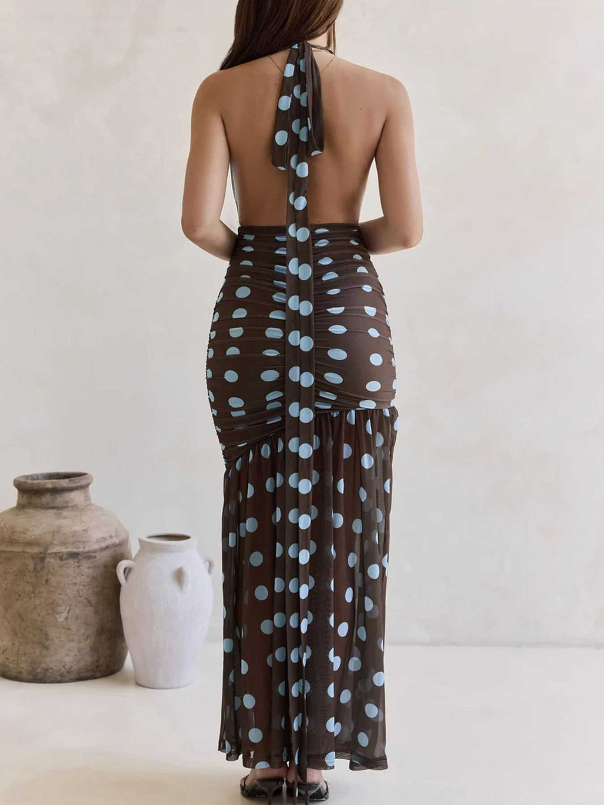 Polka Dot Halter Ruched Maxi Dress 100100900167641 56 Gifts for Her Jerry's Apparel 