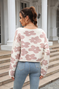 Angel Wings Round Neck Flower Pattern Dropped Shoulder Pullover Sweater