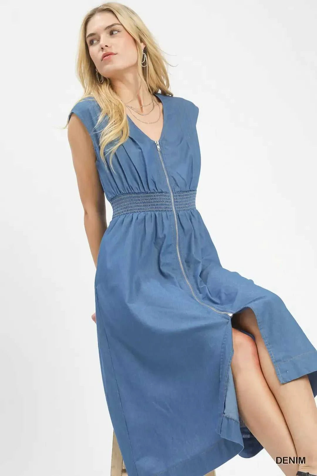 Umgee Denim Sleeveless Zip-Front Smocked Waist Midi Dress 100100842431197 62 Affordable Fashion Under $100 Jerry's Apparel 