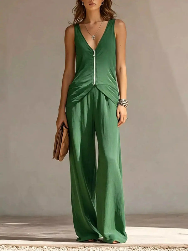 Full Size Zipper Front Tank and Wide-Leg Pants Set Plus Size 101001865169610 58 Women's Pants Set Gifts for Her Jerry's Apparel 