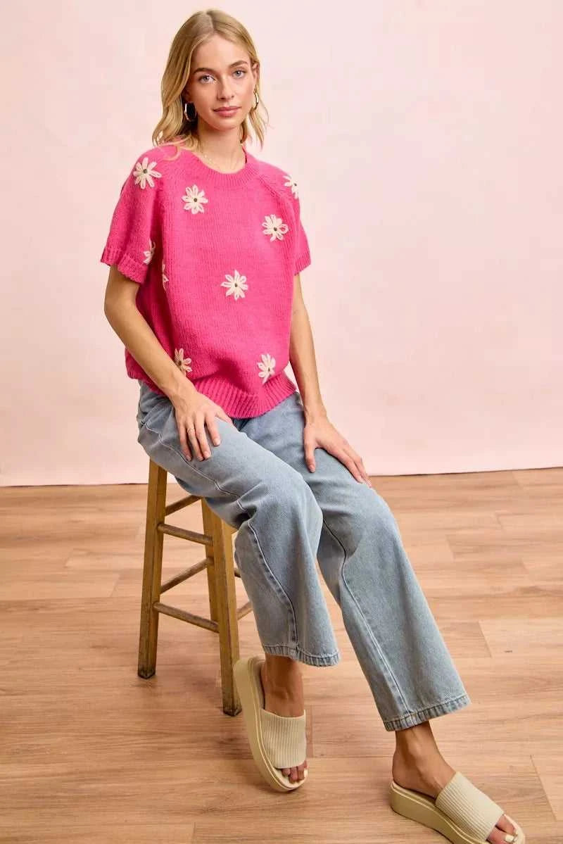 BiBi Flower Embroidered Short Sleeves Knit Top 100100347351968 47 Affordable Fashion Under $100 Jerry's Apparel 