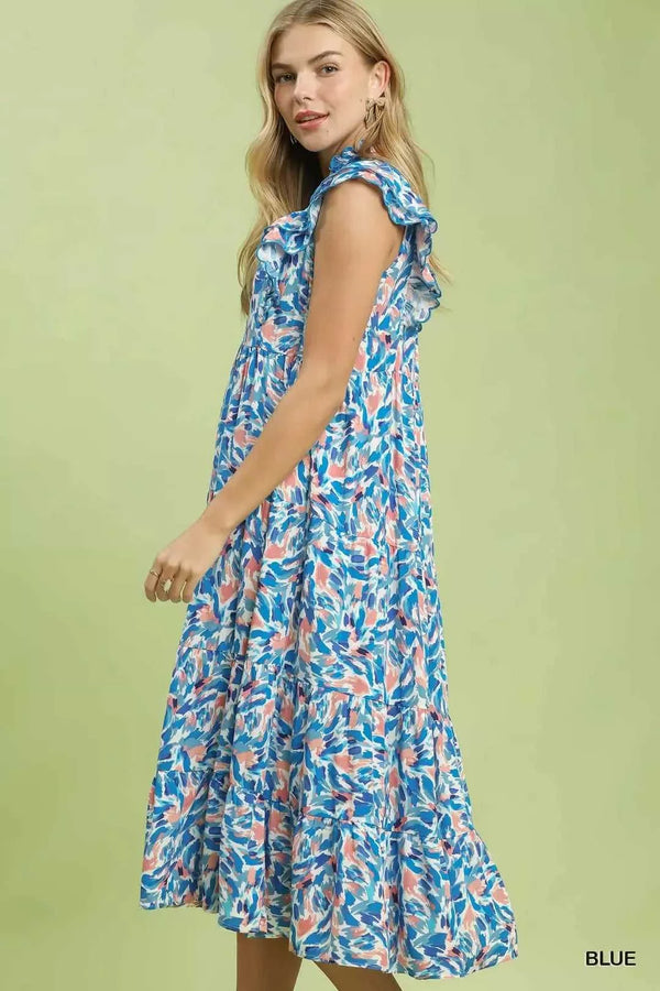 Umgee Leaf Print Midi Tiered Dress with Side Pockets 100100625941436 64 Affordable Fashion Under $100 Jerry's Apparel 
