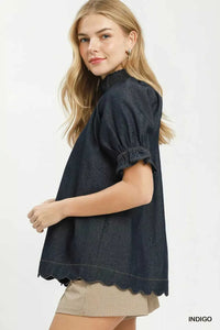 Umgee Chambray Puff Sleeve Scallop Hem Blouse 100100091881532 53 Affordable Fashion Under $100 Jerry's Apparel 
