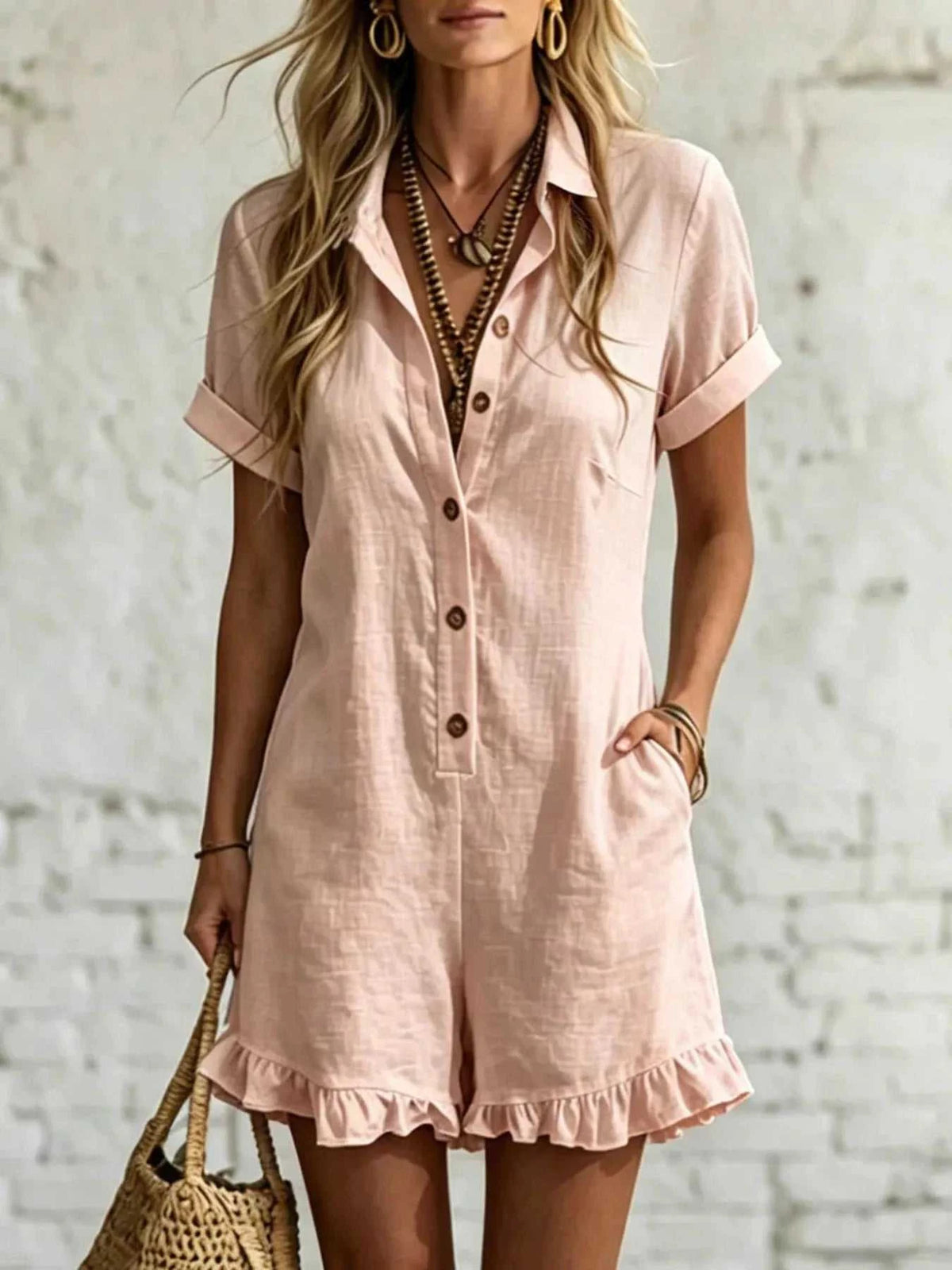 Full Size Button Front Ruffled Hem Romper Plus Size 100100561928017 28 Affordable Fashion Under $100 Jerry's Apparel 