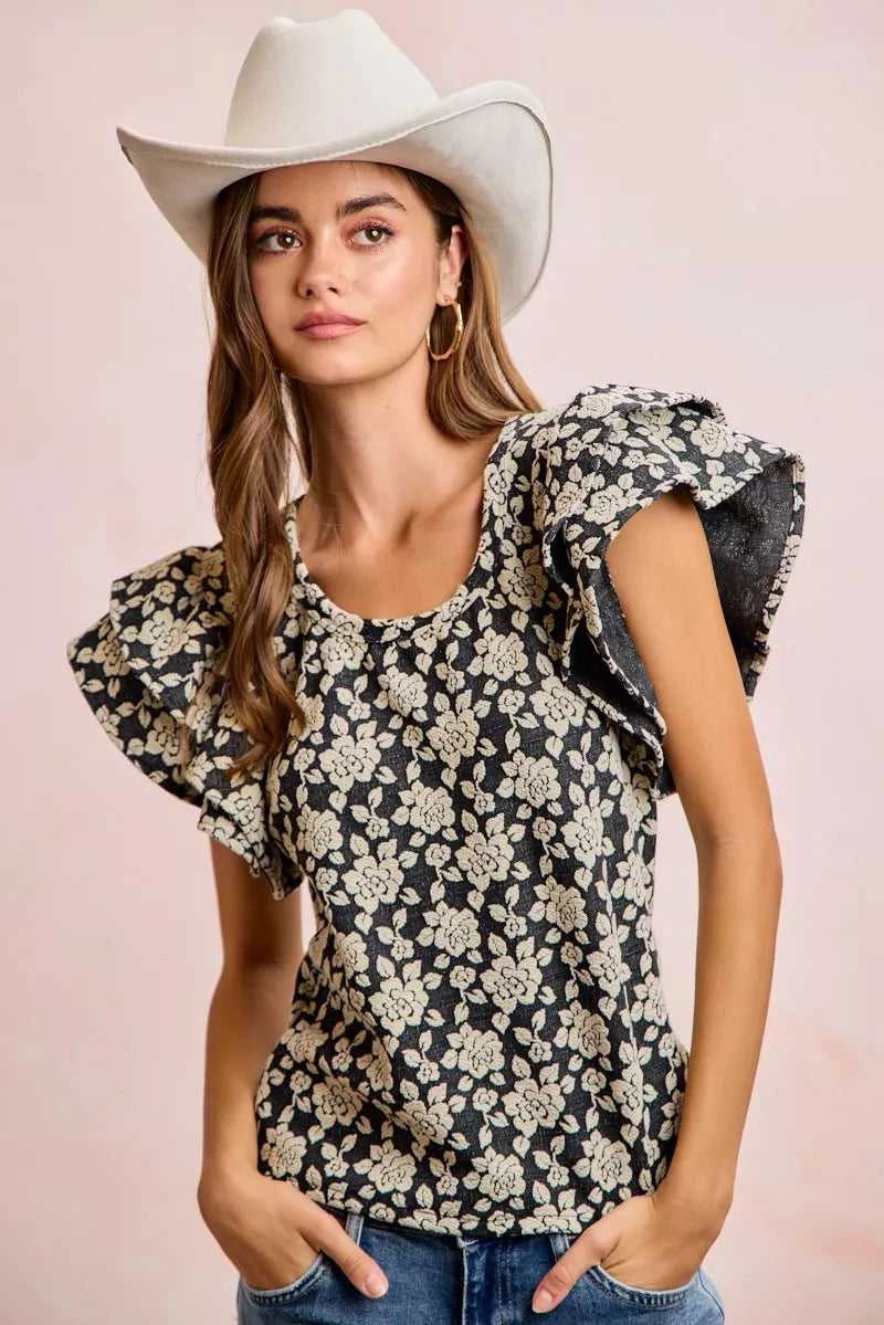 BiBi Floral Jacquard Ruffle Sleeves Knit Top 100100264791752 46 Affordable Fashion Under $100 Jerry's Apparel 