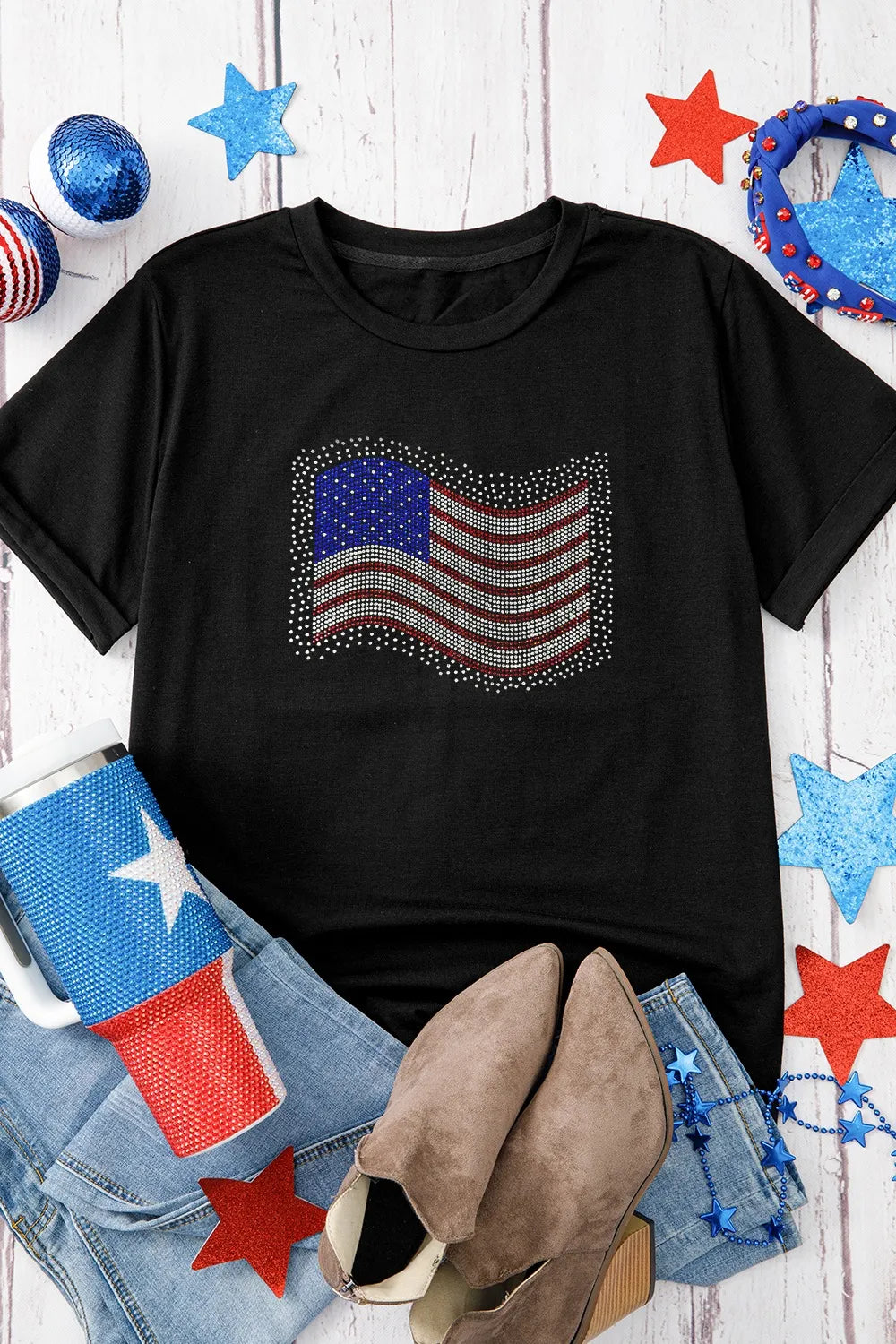 US Flag Round Neck Short Sleeve T-Shirt