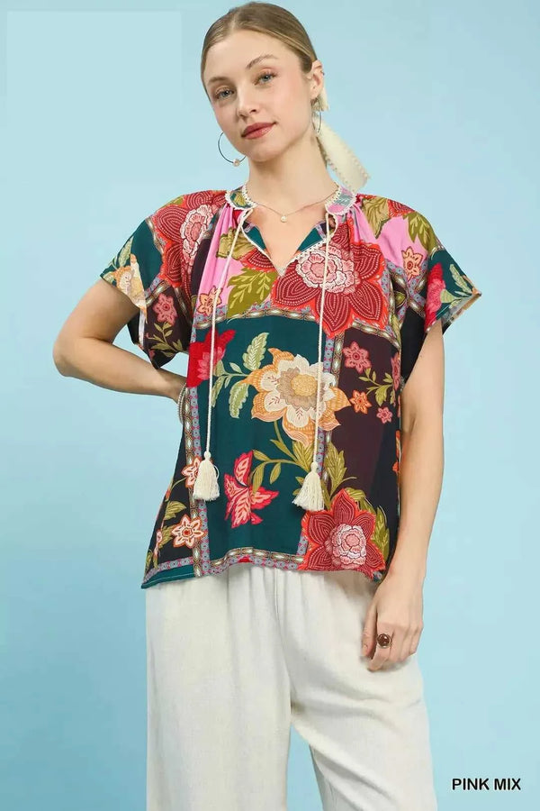 Umgee Mix Floral Patchwork Tassel Tie Top 100100389751612 45 Affordable Fashion Under $100 Jerry's Apparel 