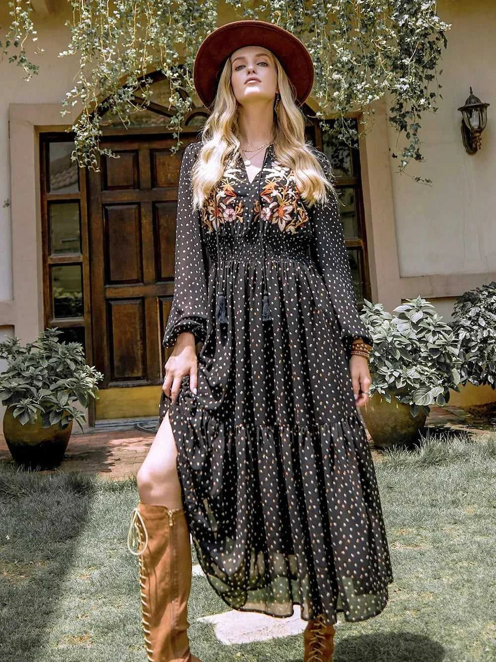 Embroidered Polka Dot Tie Neck Long Sleeve Midi Dress 100100423971743 52 Gifts for Her Jerry's Apparel 