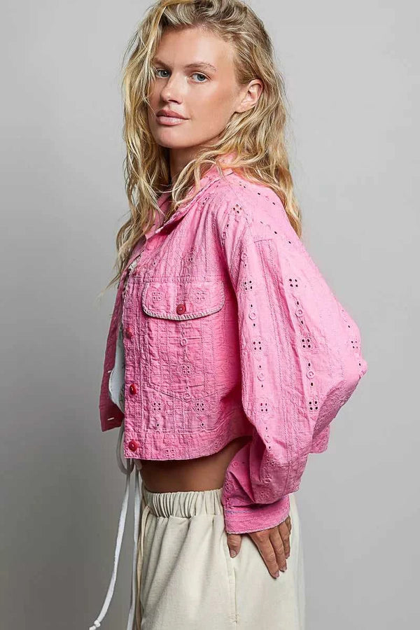 POL Eyelet Textured Cotton Cropped Button-Front Jacket 100100702861322 66 Jerry's Apparel 