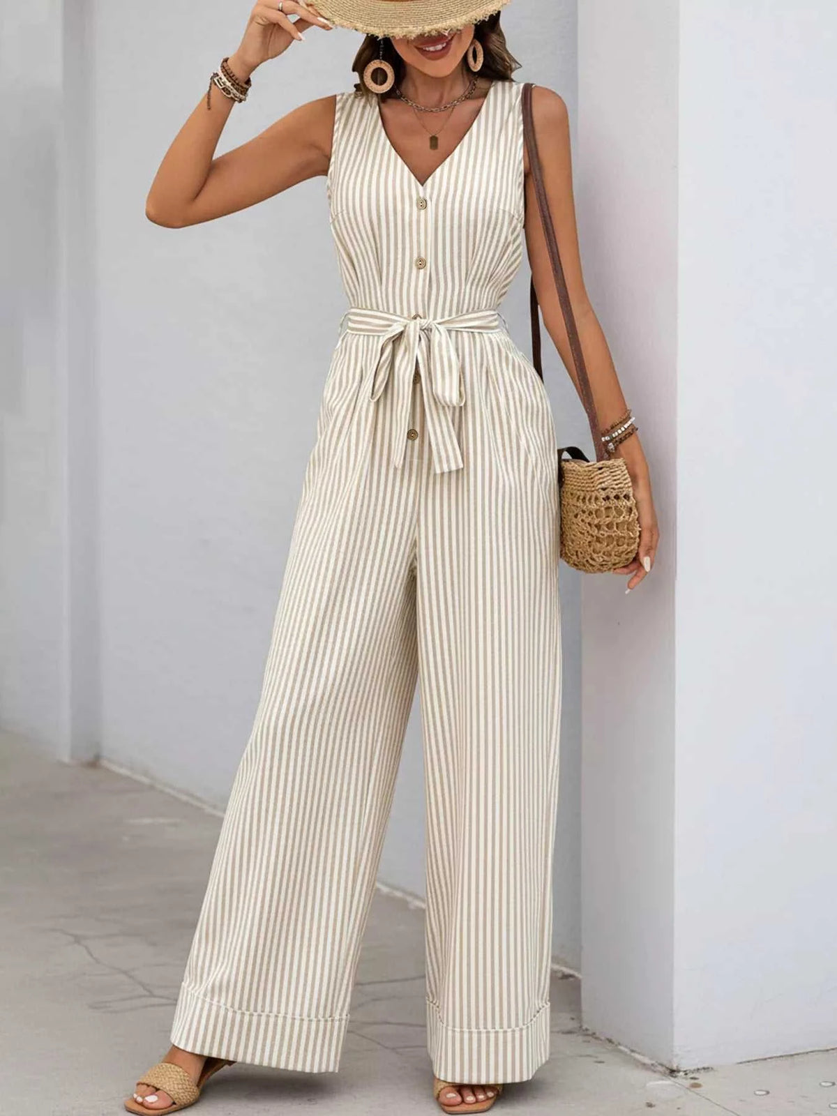 Striped Button-Front Wide Leg Jumpsuit 100100799181861 44 Affordable Fashion Under $100 Jerry's Apparel 
